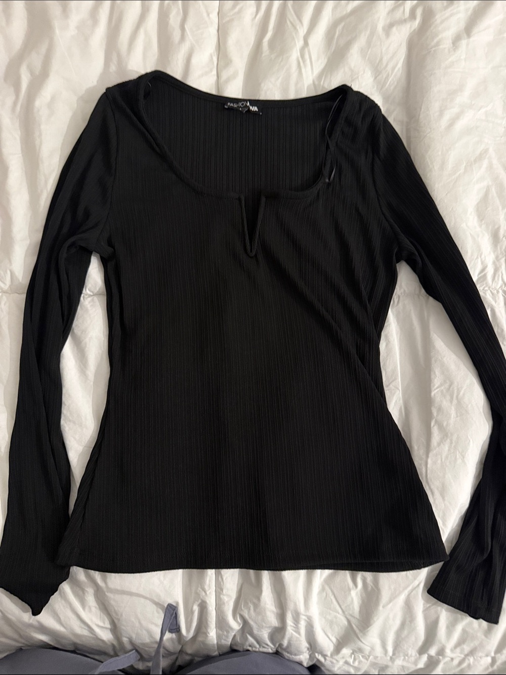 Fashion Nova Black Ribbed Long Sleeve Scoop-Notch Top